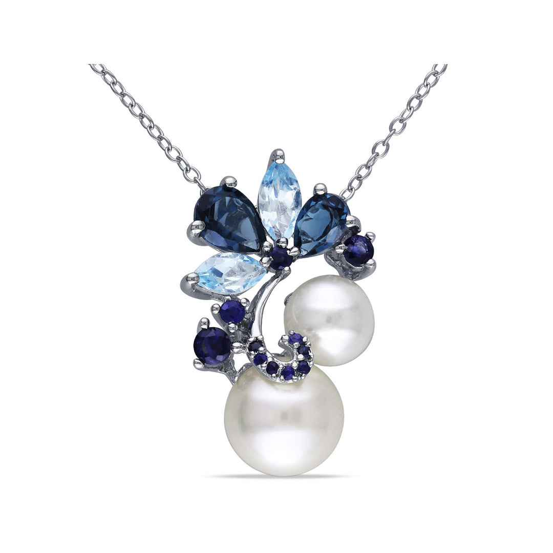 White Freshwater Cultured Pearl with London and Sky-Blue Topaz Sapphire Pendant Necklace Sterling Silver Image 1