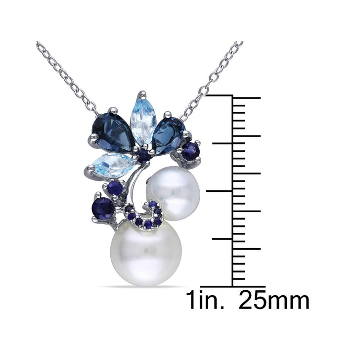 White Freshwater Cultured Pearl with London and Sky-Blue Topaz Sapphire Pendant Necklace Sterling Silver Image 3