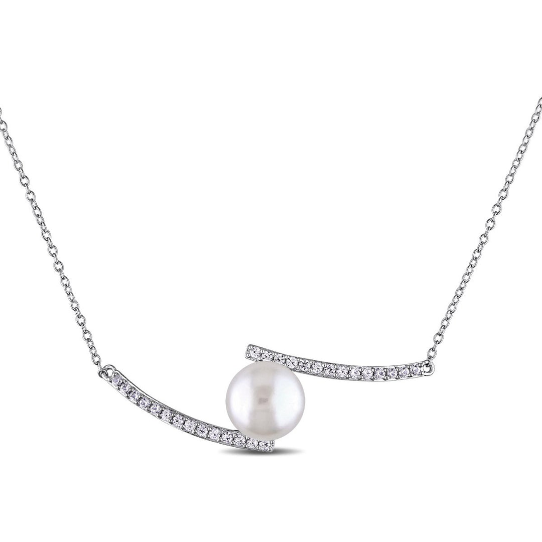 White Freshwater Cultured Pearl 10-10.5mm and Created White Sapphire Bypass Necklace In Sterling Silver Image 1