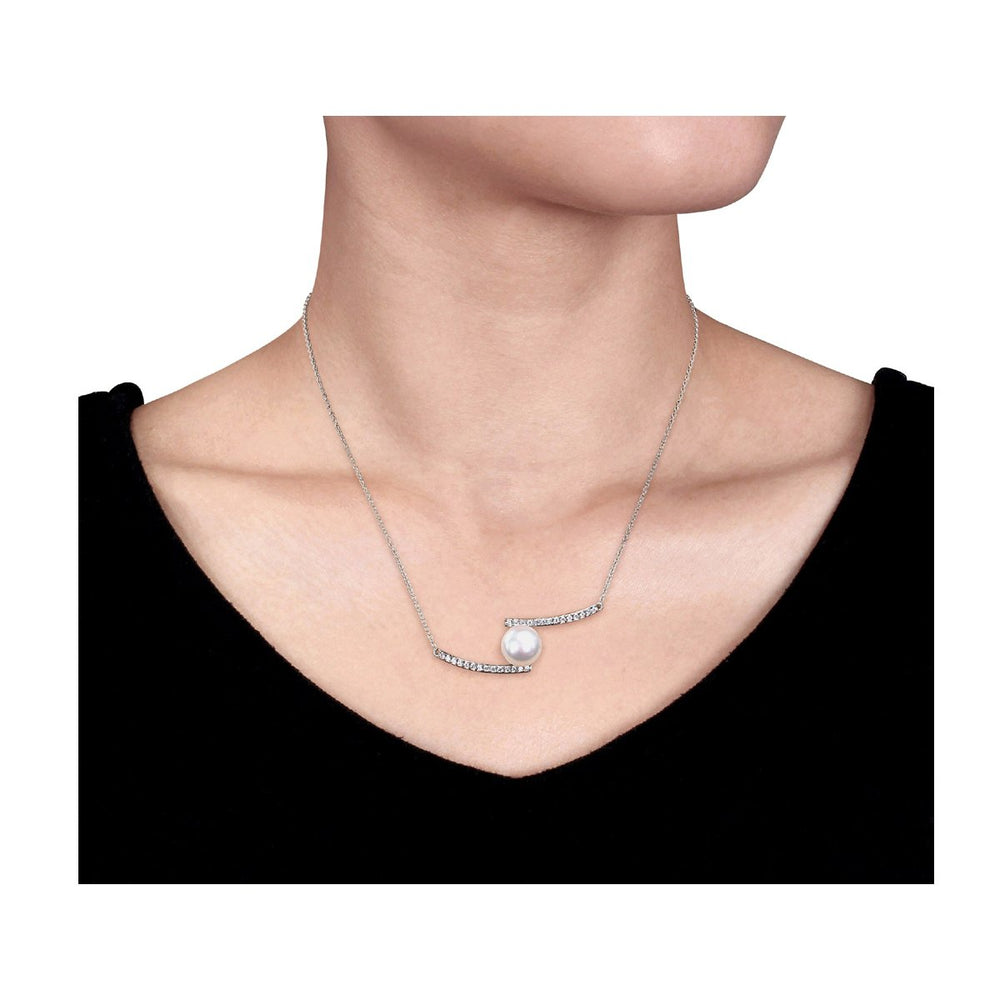 White Freshwater Cultured Pearl 10-10.5mm and Created White Sapphire Bypass Necklace In Sterling Silver Image 2