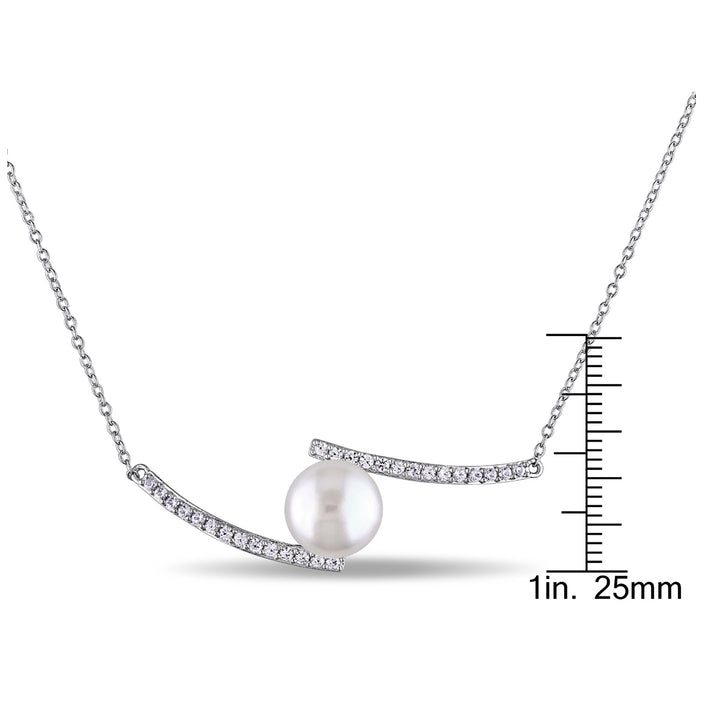 White Freshwater Cultured Pearl 10-10.5mm and Created White Sapphire Bypass Necklace In Sterling Silver Image 3