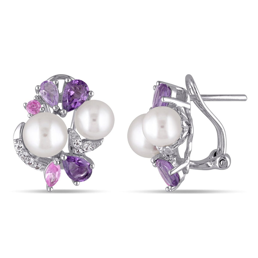 White Freshwater Cultured Pearl with Amethyst Created Pink and Created Synthetic White Sapphire Cluster Earrings Image 1