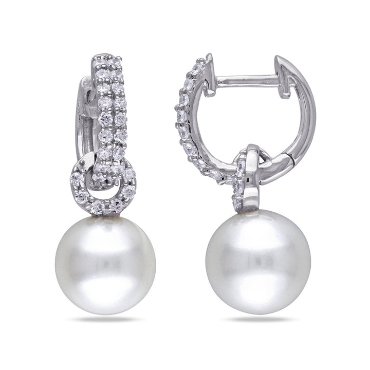 White Freshwater Cultured Pearl 8-8.5mm Earrings with Synthetic Cubic Zirconia (CZ) In Sterling Silver Image 1