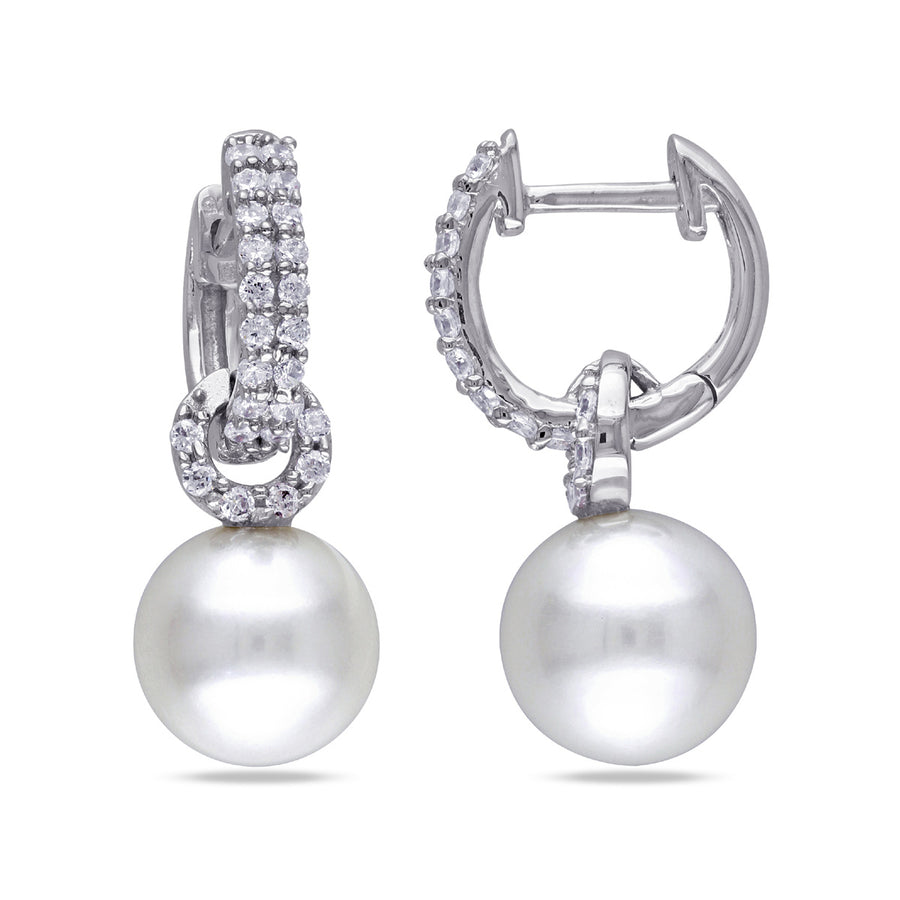 White Freshwater Cultured Pearl 8-8.5mm Earrings with Synthetic Cubic Zirconia (CZ) In Sterling Silver Image 1