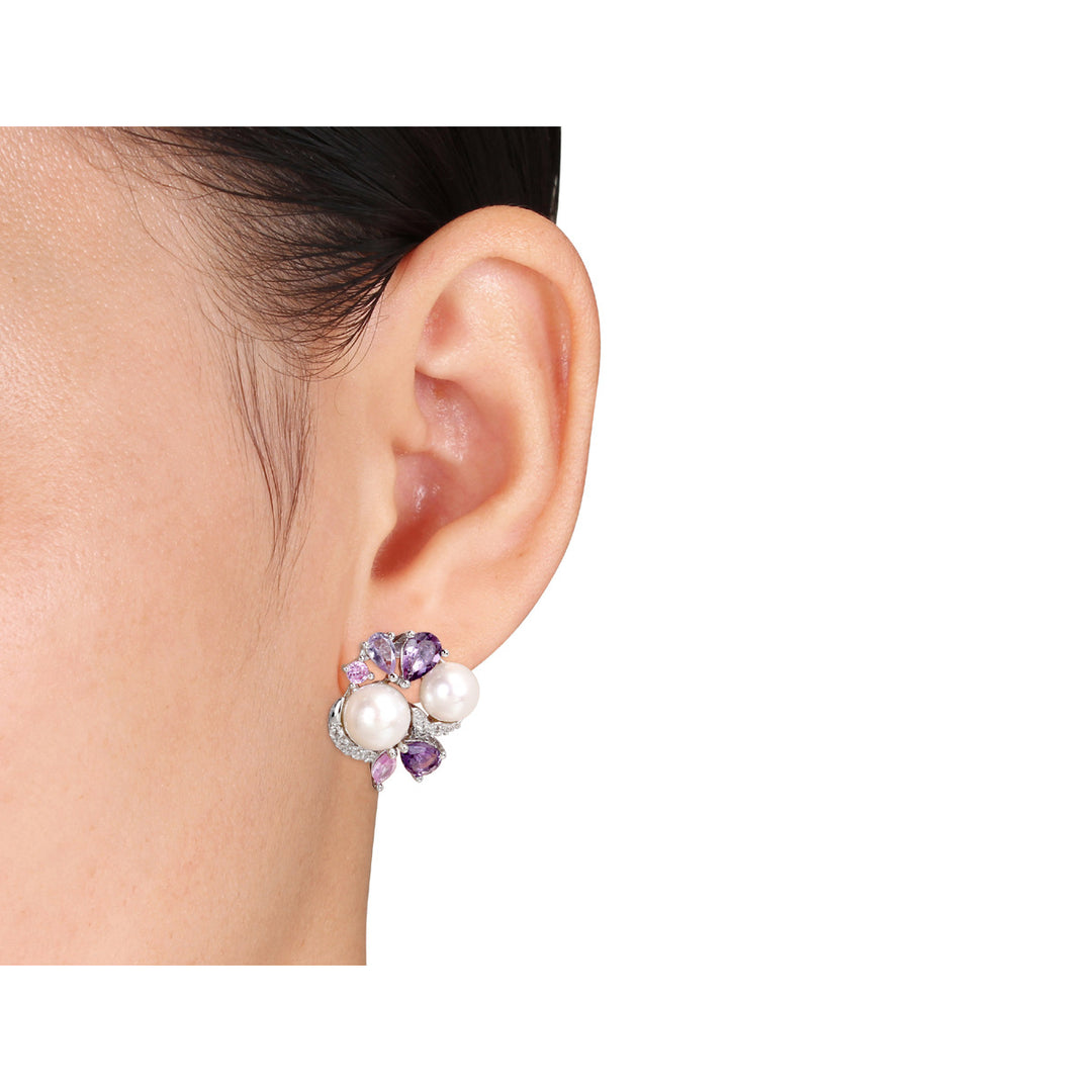 White Freshwater Cultured Pearl with Amethyst Created Pink and Created Synthetic White Sapphire Cluster Earrings Image 2