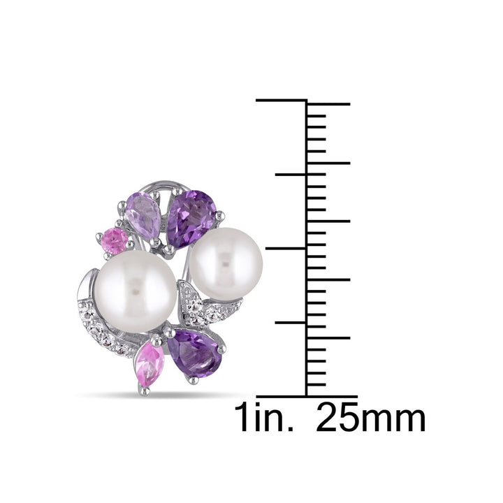 White Freshwater Cultured Pearl with Amethyst Created Pink and Created Synthetic White Sapphire Cluster Earrings Image 3