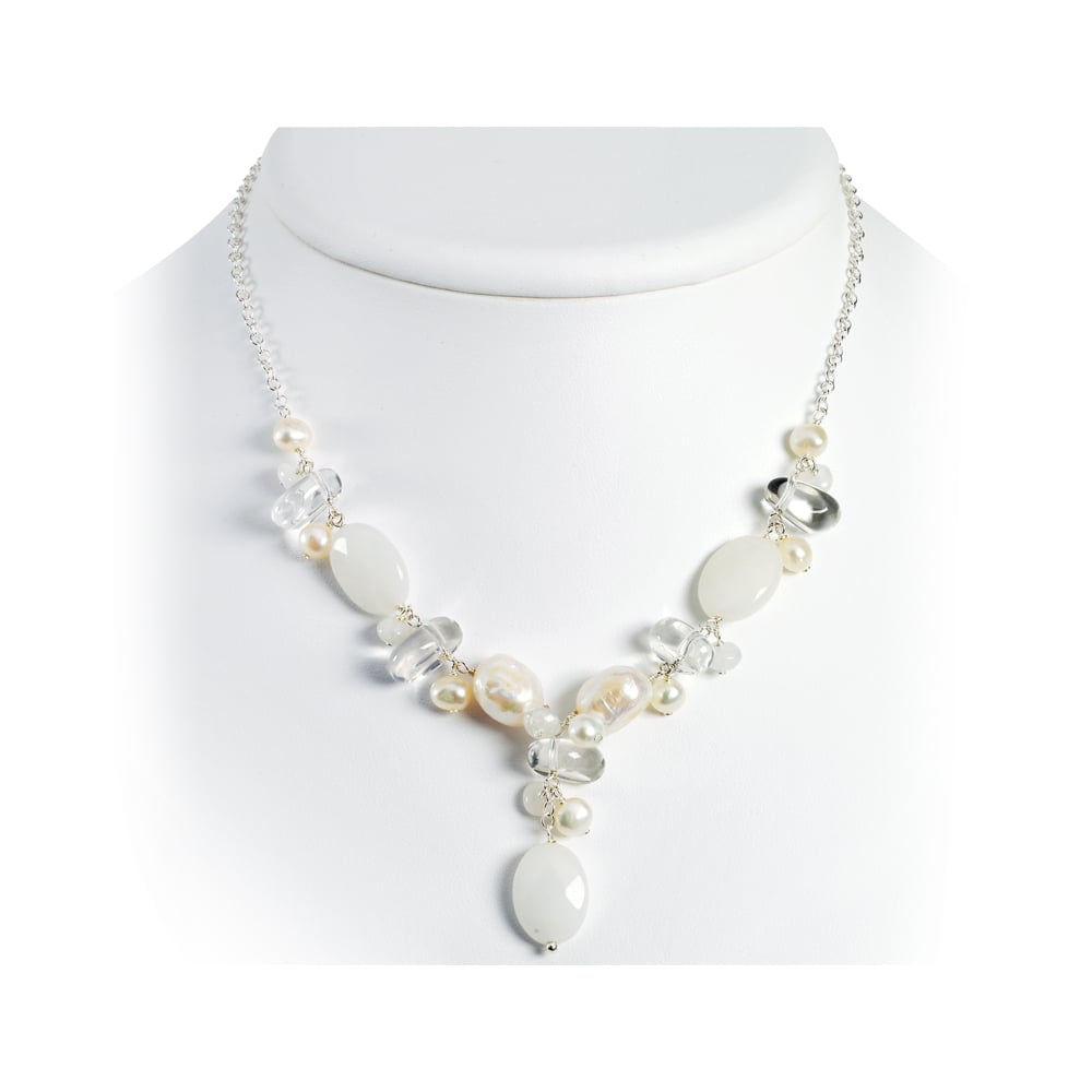 Moon Stone Rock Quartz White Jade and White Cultured Pearl Necklace in Sterling Silver Image 1