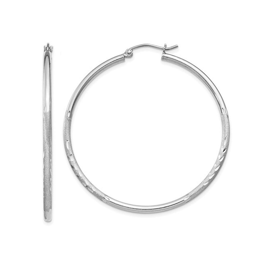 Large Satin and Diamond Cut Hoop Earrings in Sterling Silver 2 Inch (2.0mm) Image 1