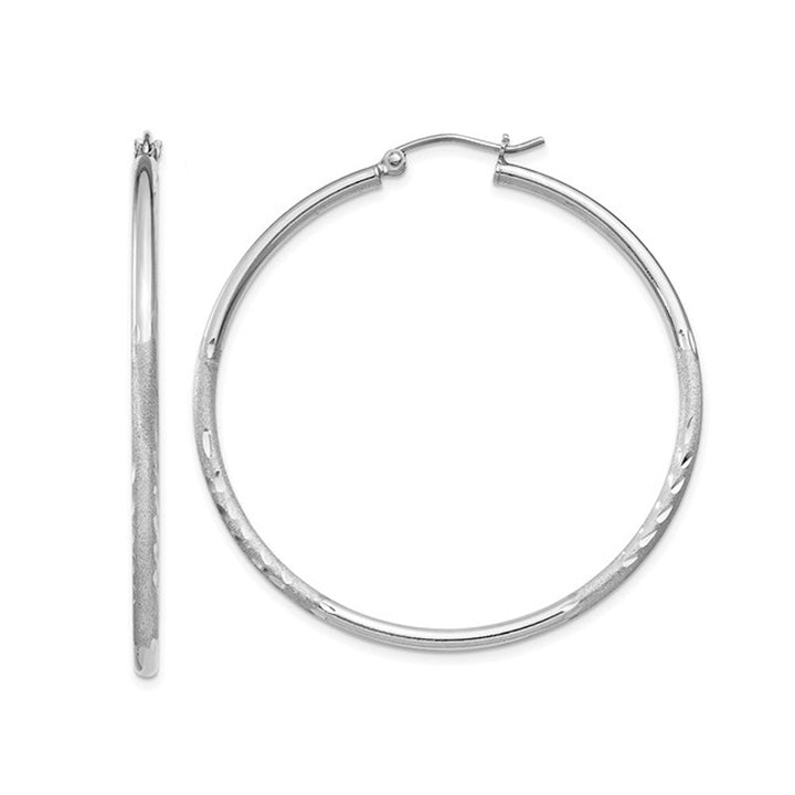 Large Satin and Diamond Cut Hoop Earrings in Sterling Silver 2 Inch (2.0mm) Image 1