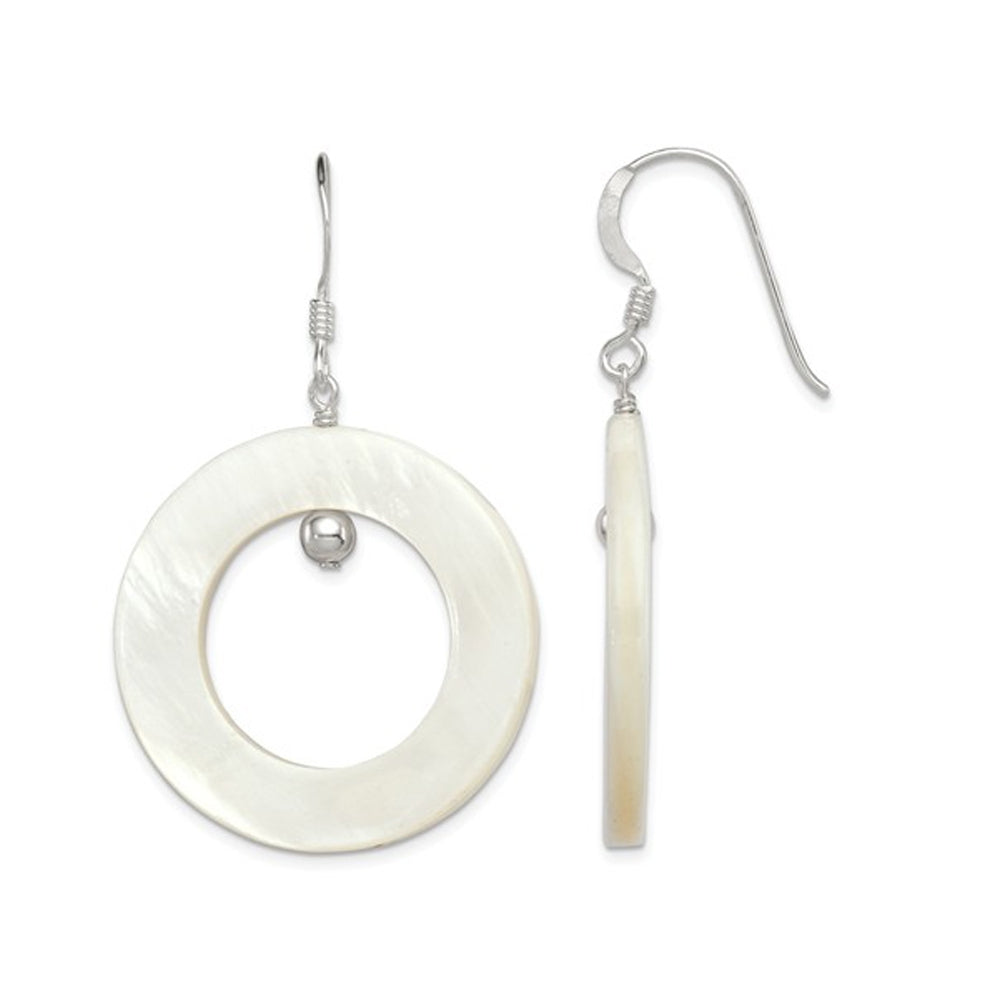 White Mother of Pearl Circle Dangle Earrings in Sterling Silver Image 1