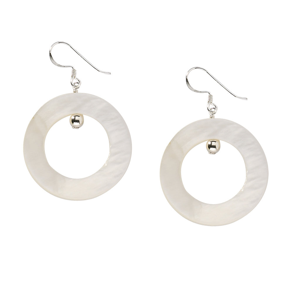 White Mother of Pearl Circle Dangle Earrings in Sterling Silver Image 2