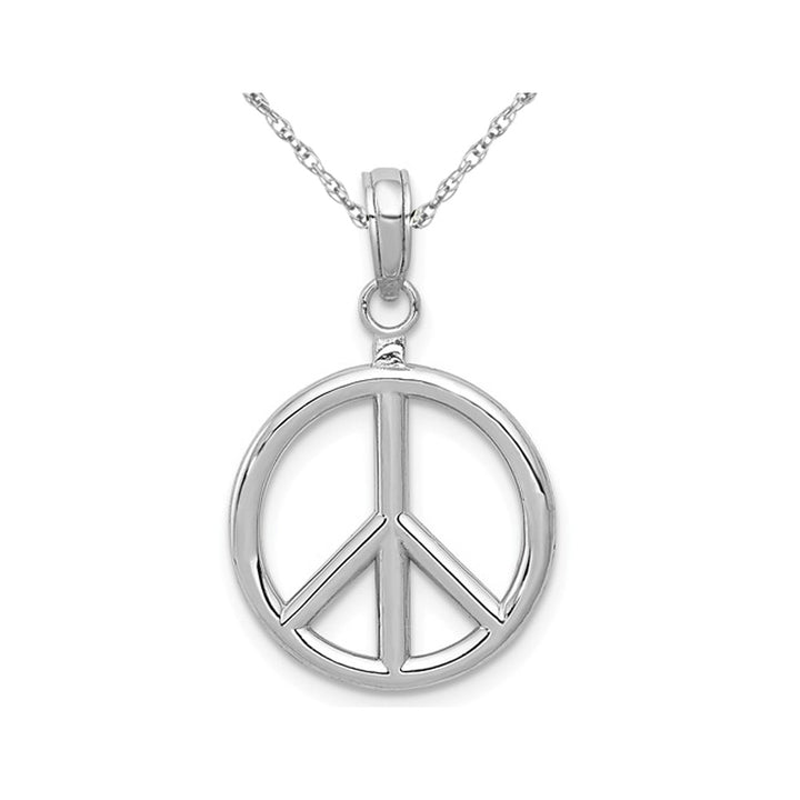 14K White Gold Peace Sign 3-D Pendant Necklace with Chain Image 1