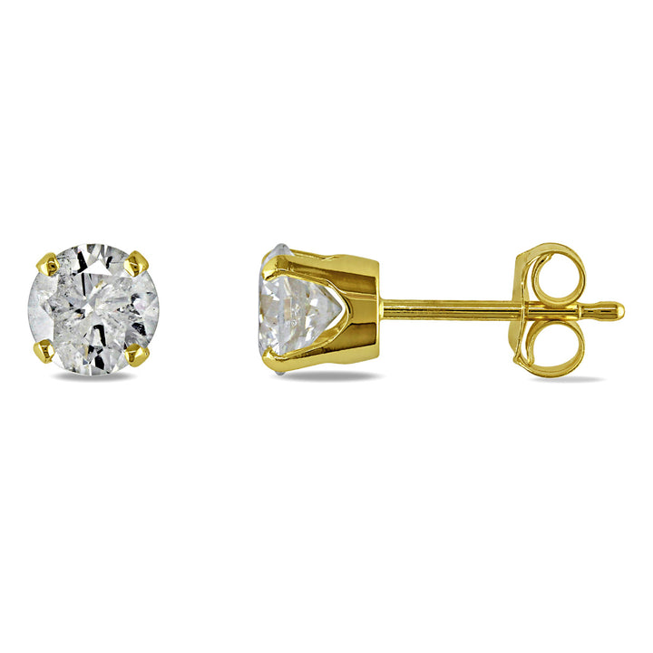 1.0 Carat (ctw I2-I3Color I-J) Diamond Solitaire Stud Earrings in 14K Yellow Gold Image 1
