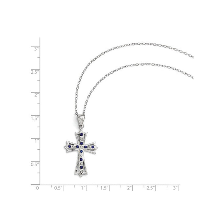 Blue Sapphire Cross Pendant Necklace in Platinum Plated Sterling Silver with Chain Image 2