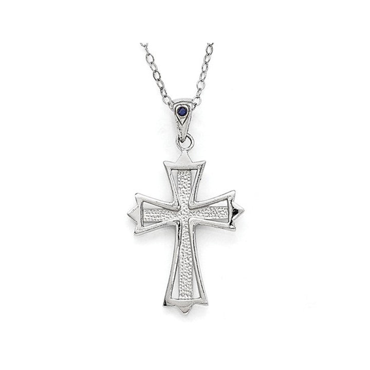 Blue Sapphire Cross Pendant Necklace in Platinum Plated Sterling Silver with Chain Image 3