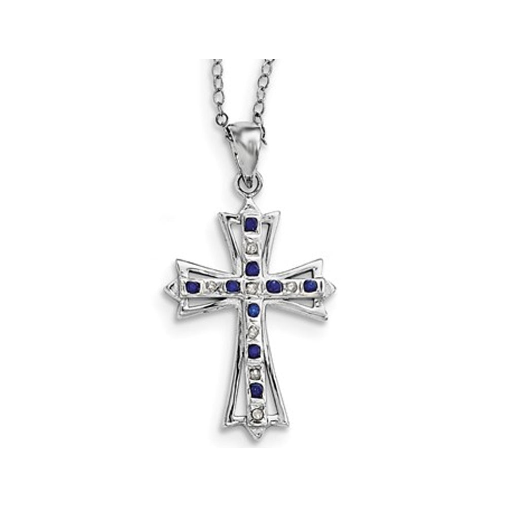 Blue Sapphire Cross Pendant Necklace in Platinum Plated Sterling Silver with Chain Image 4