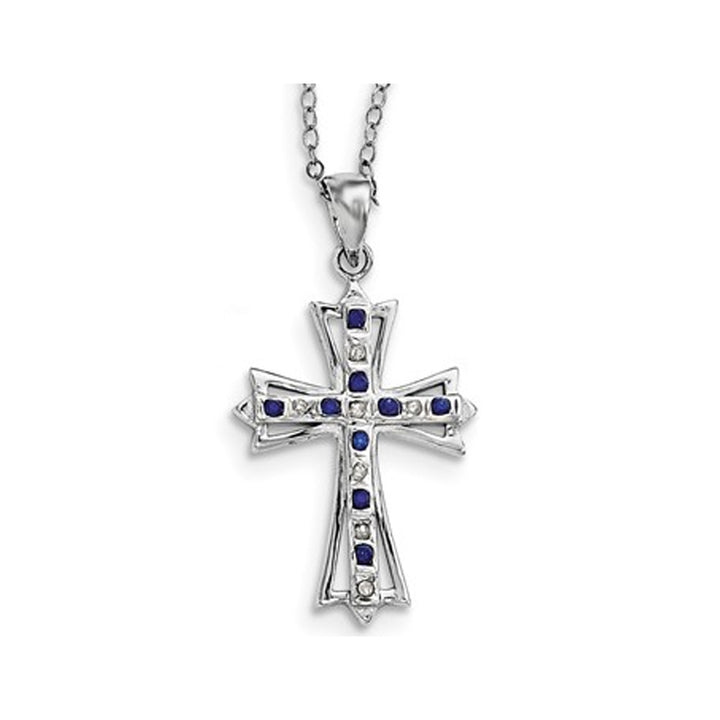 Blue Sapphire Cross Pendant Necklace in Platinum Plated Sterling Silver with Chain Image 4