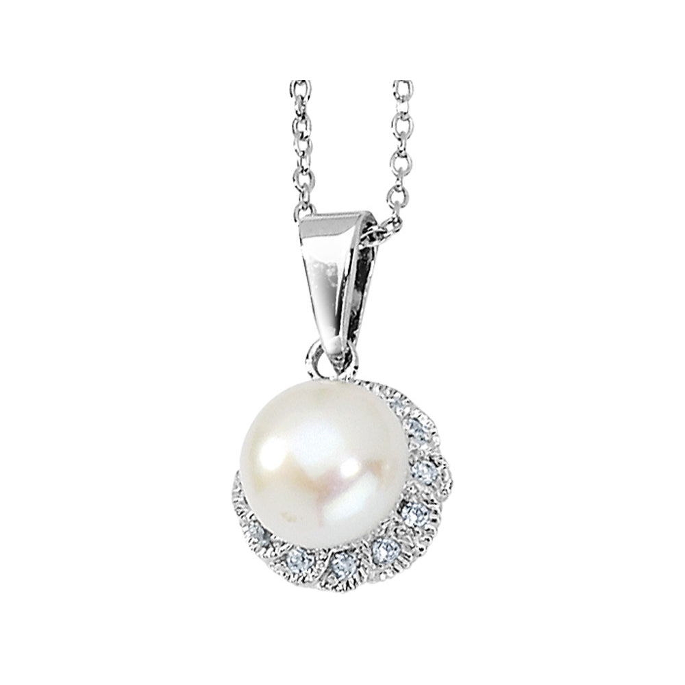 Freshwater Cultured White Pearl Pendant Necklace with Synthetic Cubic Zirconia (CZ) in Sterling Silver with Chain Image 2