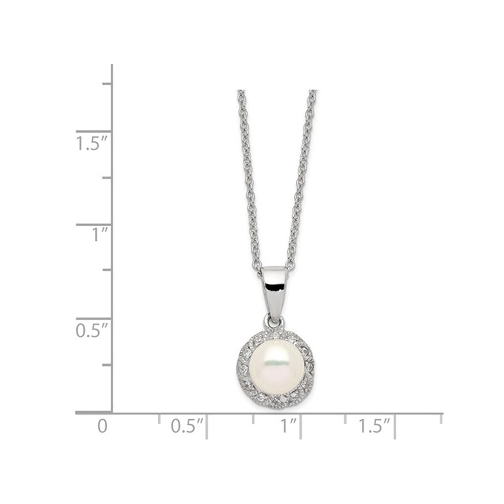 Freshwater Cultured White Pearl Pendant Necklace with Synthetic Cubic Zirconia (CZ) in Sterling Silver with Chain Image 3