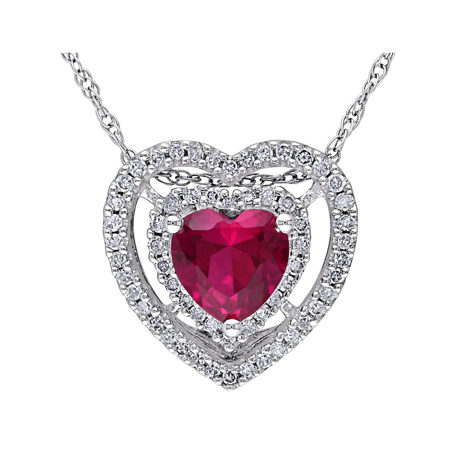 1.20 Carat (ctw) Lab-Created Ruby and Diamond Heart Pendant Necklace in 10K White Gold with chain Image 1
