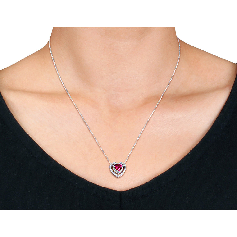 1.20 Carat (ctw) Lab-Created Ruby and Diamond Heart Pendant Necklace in 10K White Gold with chain Image 2