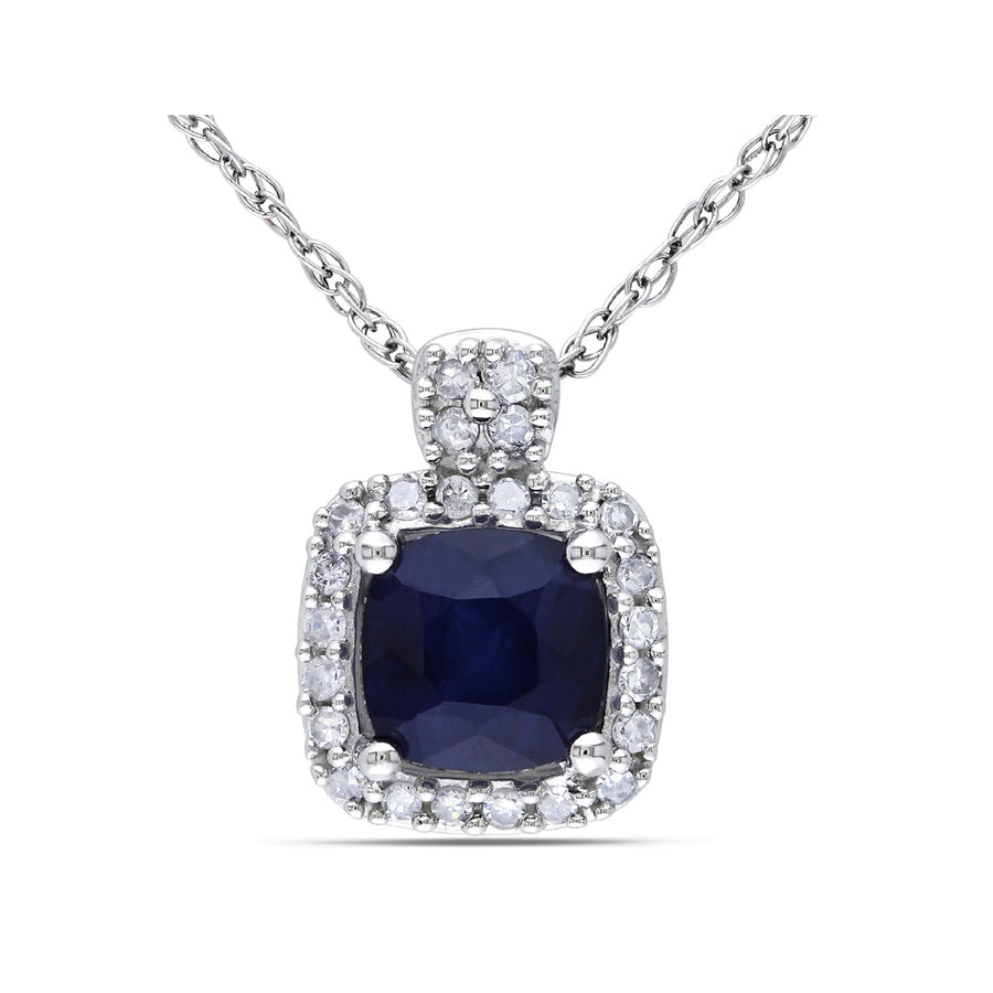 4/5 Carat (ctw) Dark Blue Sapphire and Diamond Pendant in 10k White Gold with chain Image 1