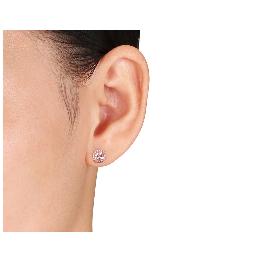 1.20 Carat (ctw) Morganite and Diamond Halo Post Earrings in 10K Rose Pink Gold Image 2