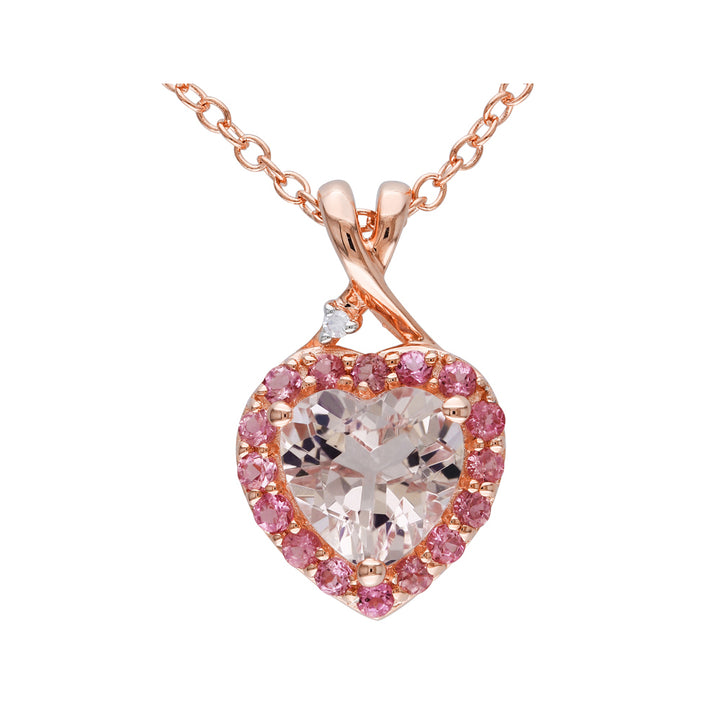 1.33 Carat (ctw) Morganite and Pink Tourmaline Heart Pendant Necklace in Rose Plated Sterling Silver with Chain Image 1