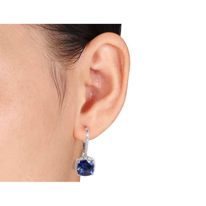 Lab-Created Blue Sapphire and Diamond Earrings 6.70 Carat (ctw) in Sterling Silver Image 2