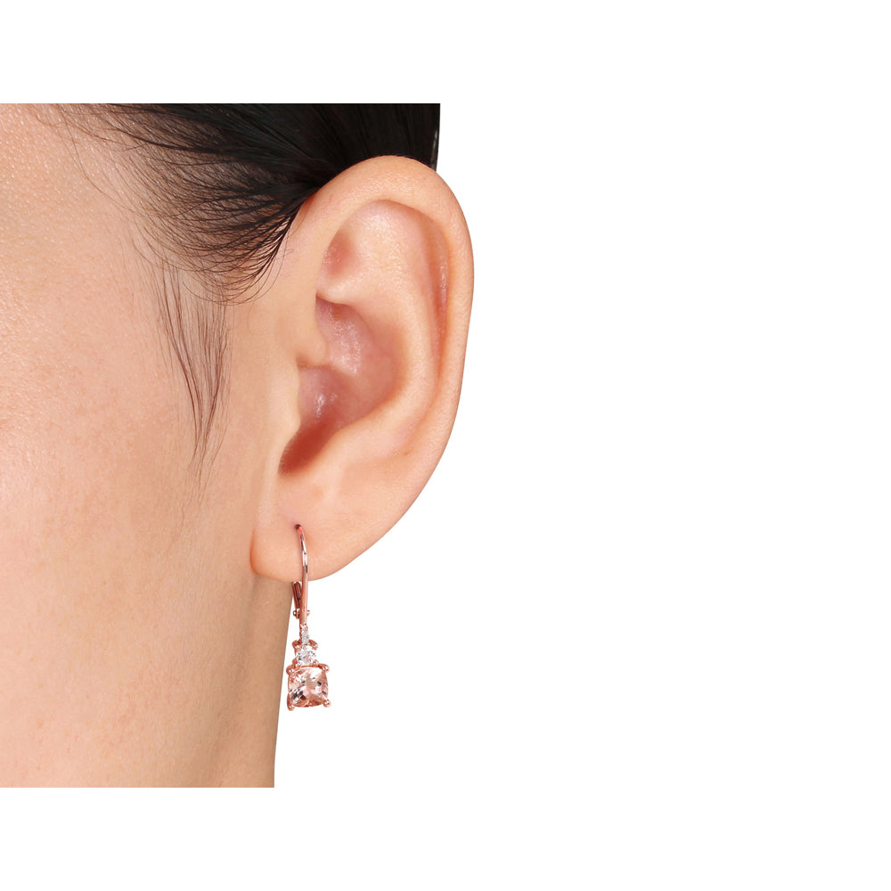 Morganite and Created Synthetic White Sapphire Earrings 2.50 Carat (ctw) with Diamonds in Rose Sterling Silver Image 2