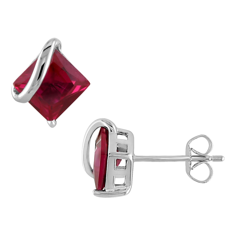 2.33 Carat (ctw) Princess Cut Lab-Created Ruby Studs in 10K White Gold Image 1