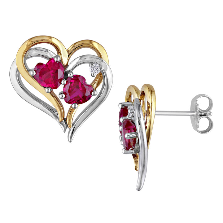 Lab Created Ruby Heart Earrings 2.40 Carat (ctw) with Diamond in Sterling Silver with Yellow Plating Image 1