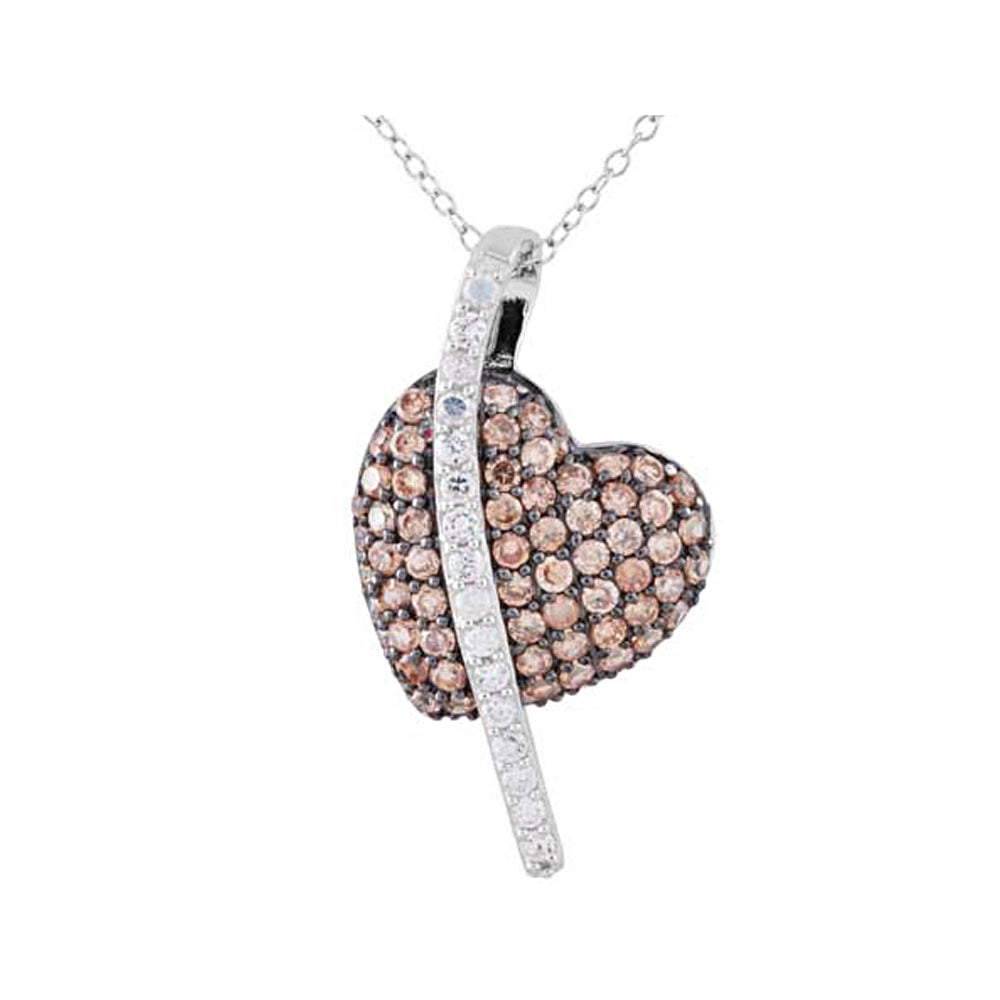 Synthetic White and Champagne Crystal Heart Pendant Necklace in Sterling Silver Image 1