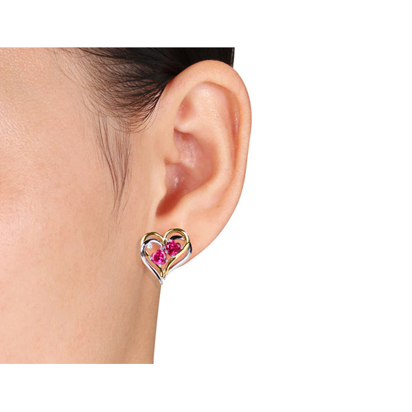 Lab Created Ruby Heart Earrings 2.40 Carat (ctw) with Diamond in Sterling Silver with Yellow Plating Image 2