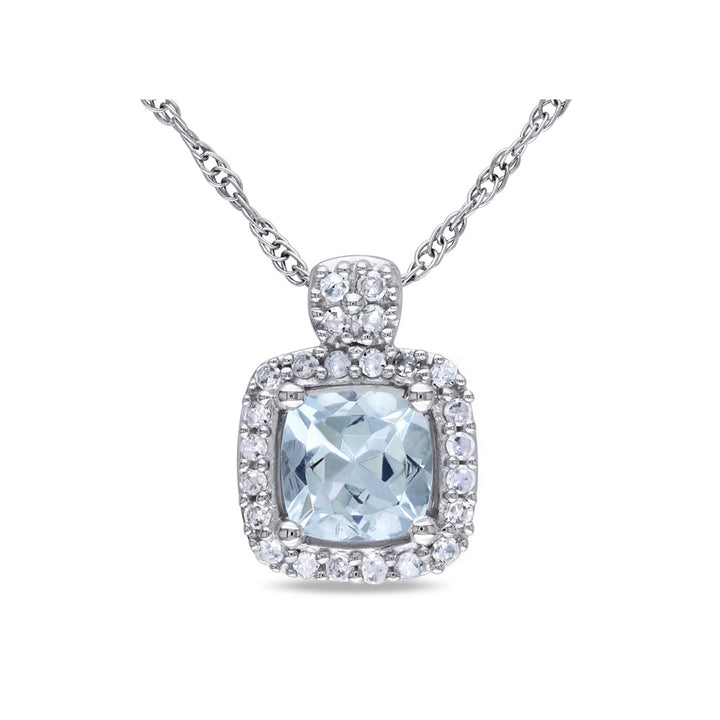 1/2 Carat (ctw) Aquamarine Pendant Necklace with Diamonds in 10K White Gold with Chain Image 1