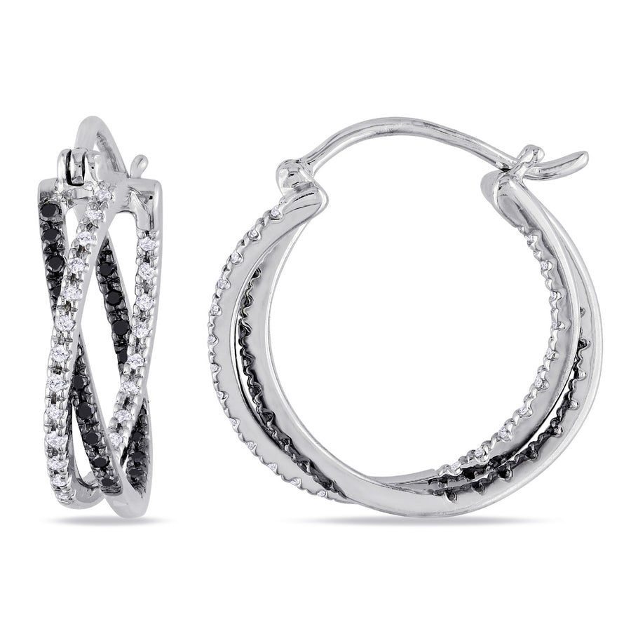 Black and White Diamond Hoop Earrings 1/4 Carat (ctw) in Sterling Silver Image 1