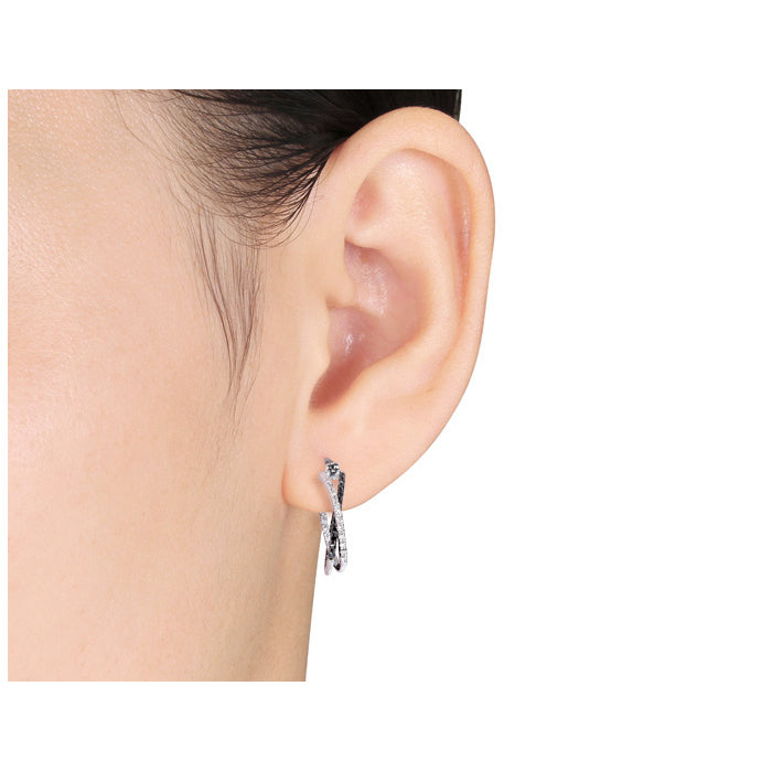 Black and White Diamond Hoop Earrings 1/4 Carat (ctw) in Sterling Silver Image 3