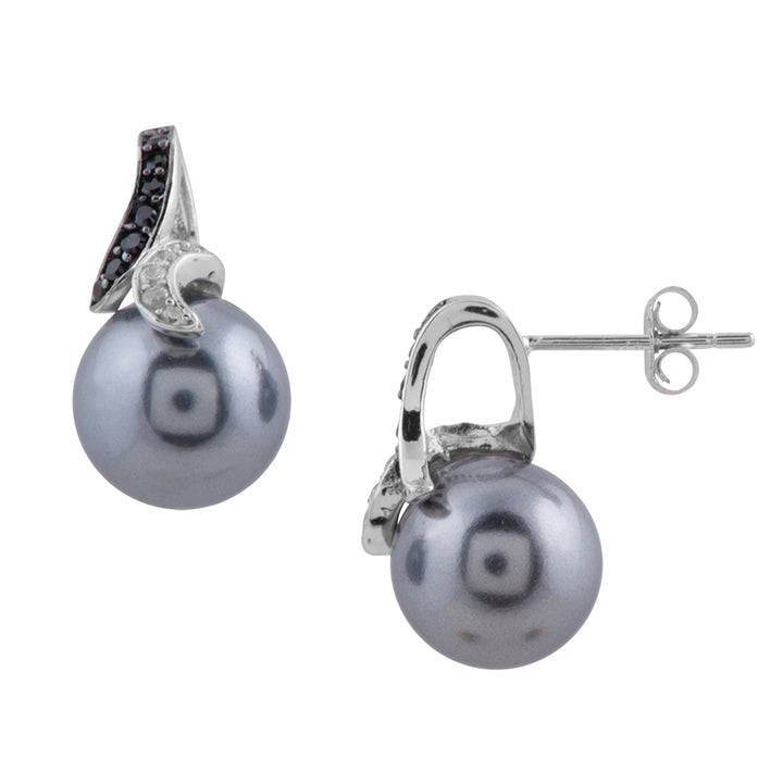 Grey Synthetic Man Made Shell Pearl Earrings with White and Synthetic Black Crystal in Sterling SIlver Image 1