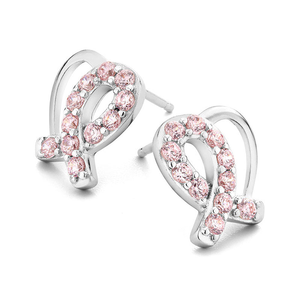 Pink Synthetic Crystal Solidarity Ribbon Heart Earrings in Sterling Silver Image 1