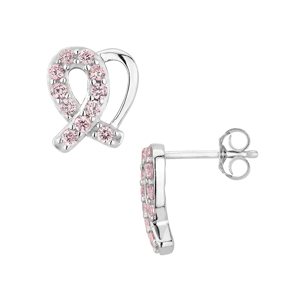 Pink Synthetic Crystal Solidarity Ribbon Heart Earrings in Sterling Silver Image 2