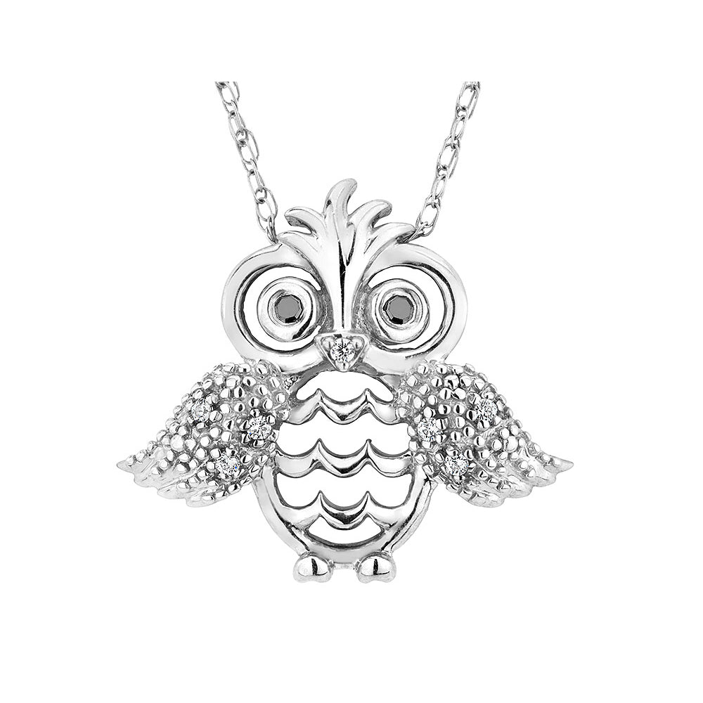 Owl Pendant Necklace in Sterling Silver with Chain and Accent Diamonds Image 1