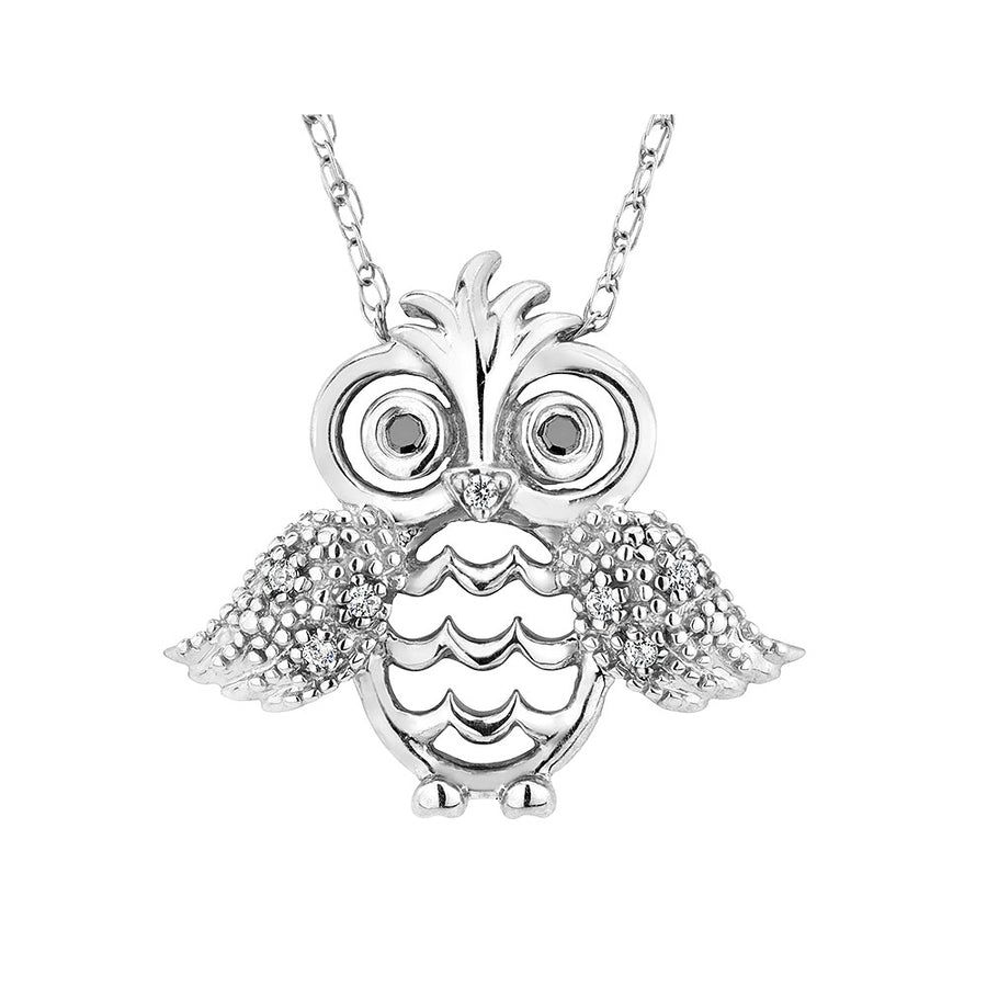 Owl Pendant Necklace in Sterling Silver with Chain and Accent Diamonds Image 1