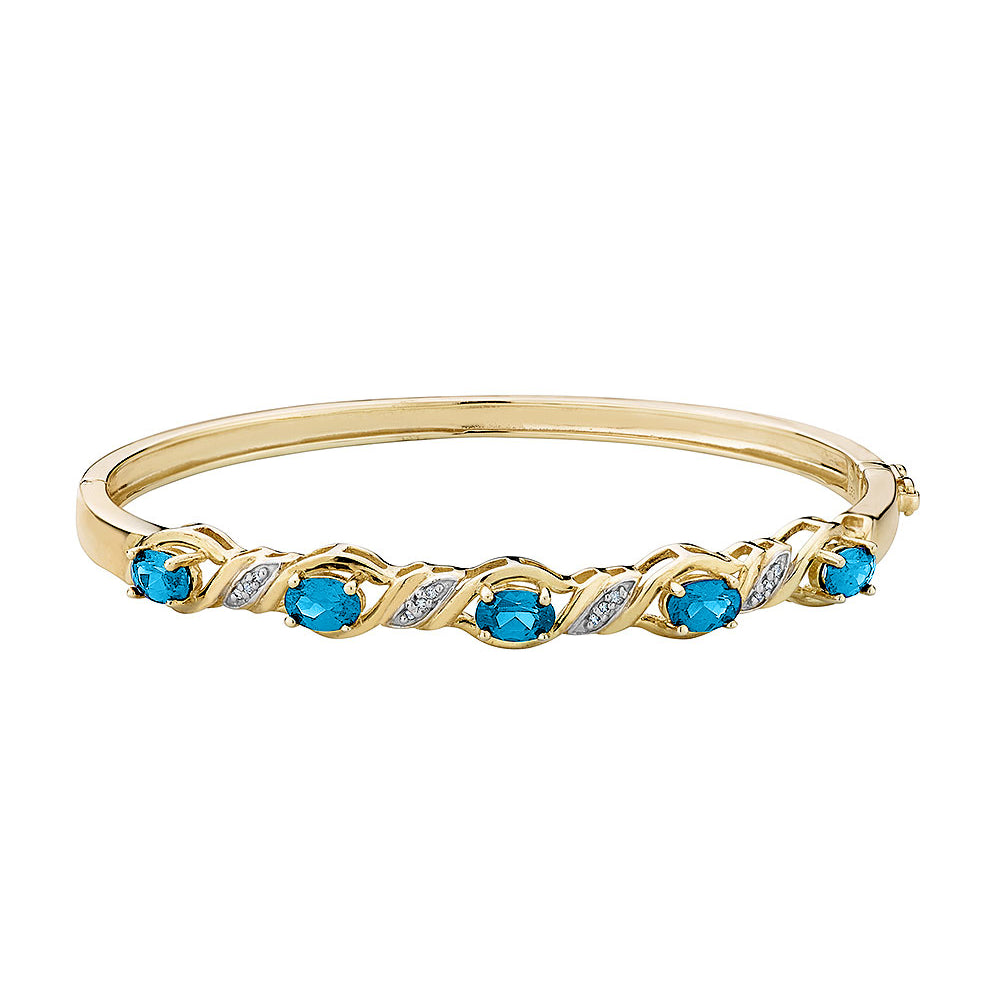 Created Blue Topaz Bangle with Diamonds in Sterling Silver with 14K Yellow Gold Plating Image 1