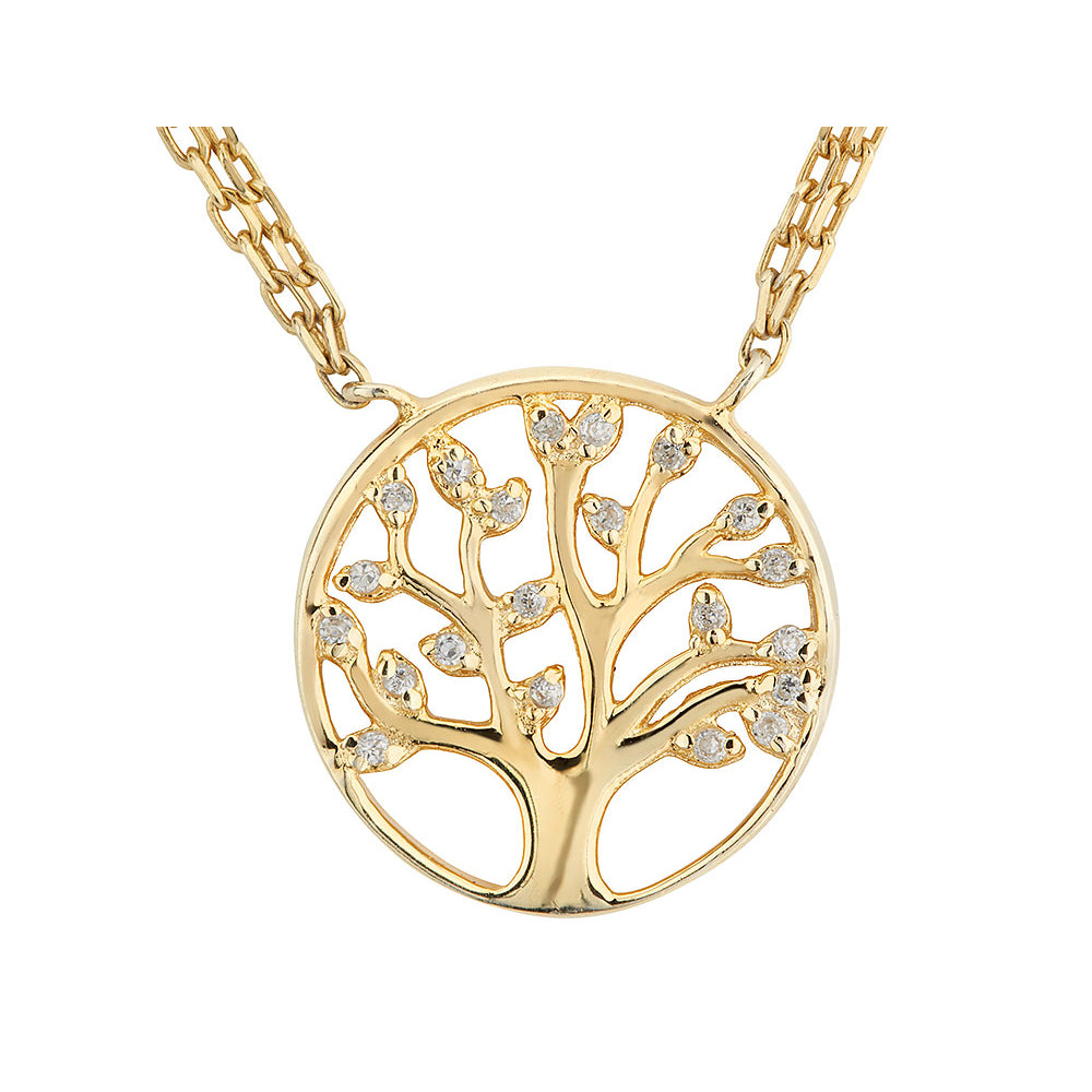 Lab-Created White Topaz - Tree of Life - Pendant Necklace in Yellow Sterling Silver with Chain Image 1