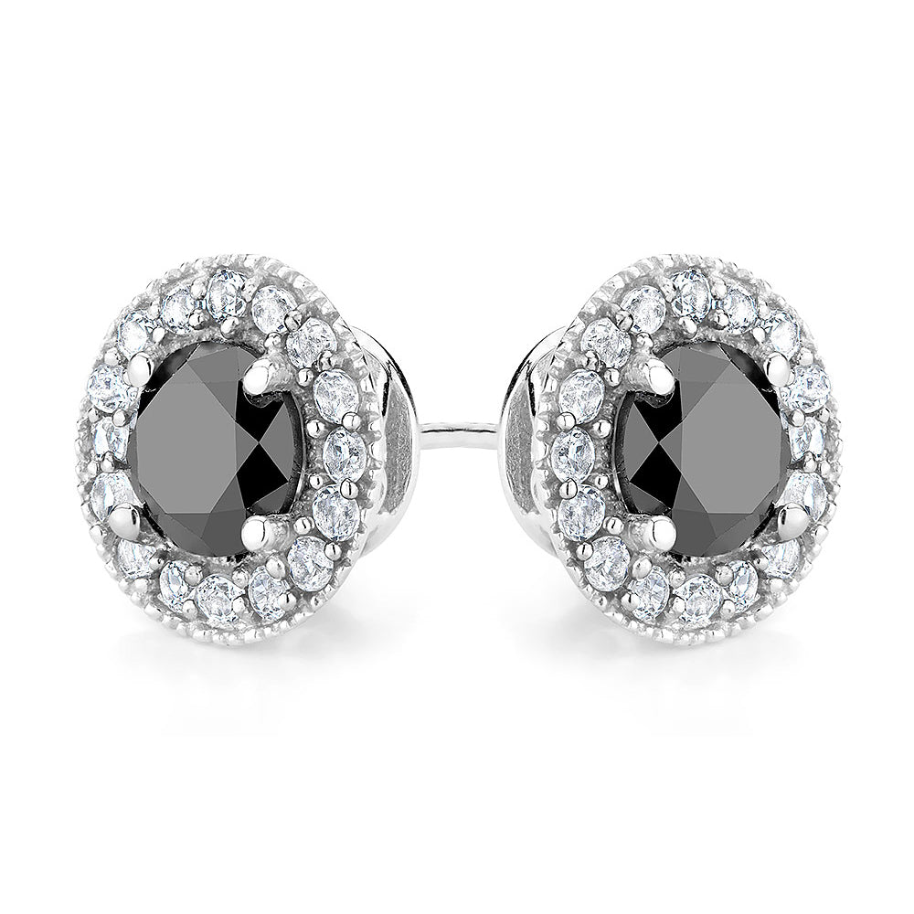 2.00 Carat (ctw) Black Diamond and Created White Topaz Halo Earrings in Sterling Silver Image 1