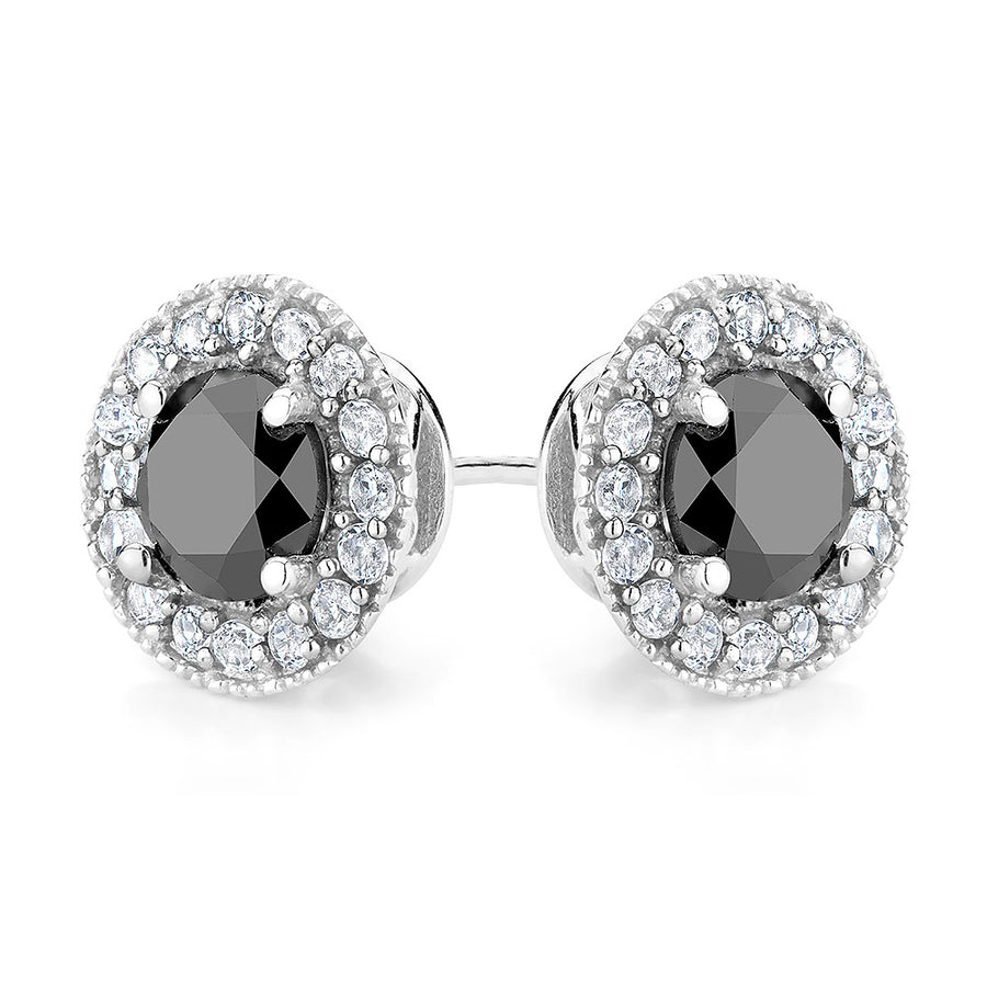 2.00 Carat (ctw) Black Diamond and Created White Topaz Halo Earrings in Sterling Silver Image 1