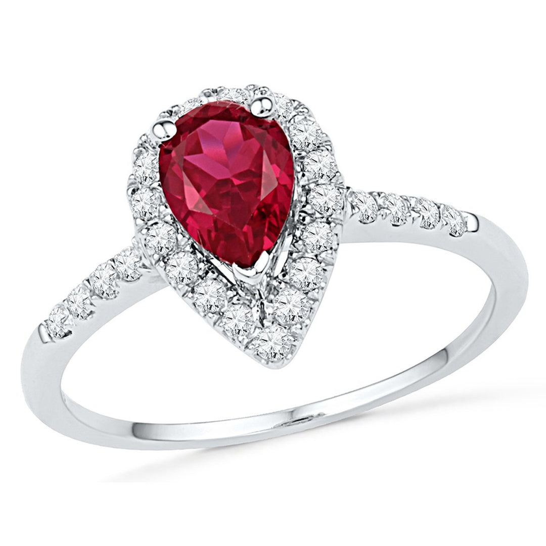 Lab Created Red Ruby Teardrop Ring 7/8 Carat (ctw) in 10K White Gold with Diamonds 1/3 Carat (ctw) Image 1