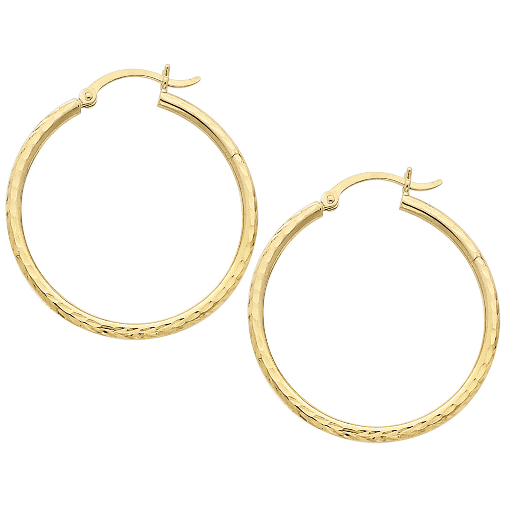 Medium Diamond Cut Hoop Earrings in 14K Yellow Gold 1 1/4 Inch (2.00 mm) Image 2