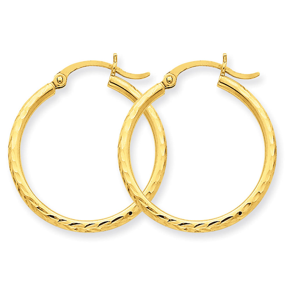 14K Yellow Gold Small Diamond Cut Hoop Earrings 3/4 Inch (2.00 mm) Image 2