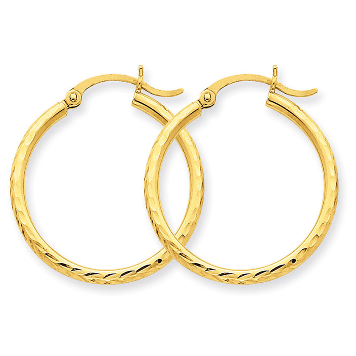 14K Yellow Gold Small Diamond Cut Hoop Earrings 3/4 Inch (2.00 mm) Image 2